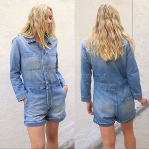 AMO Finders Keepers Long Sleeve Denim Romper in Blue
